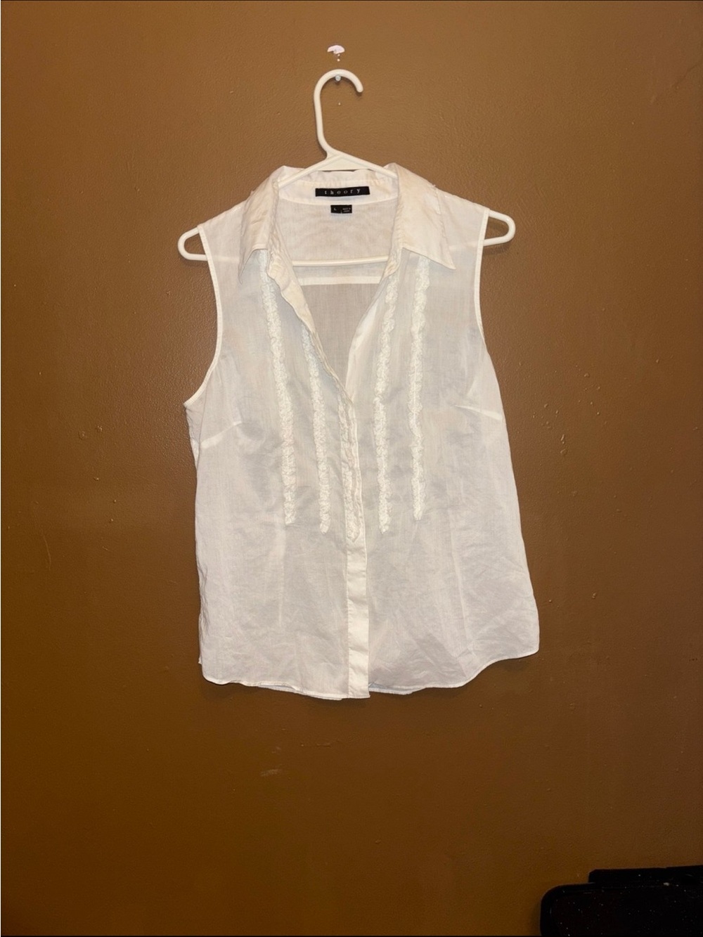 Theory White Sleeveless Lace-Trim Button-Down Shirt - Picture 4 of 5